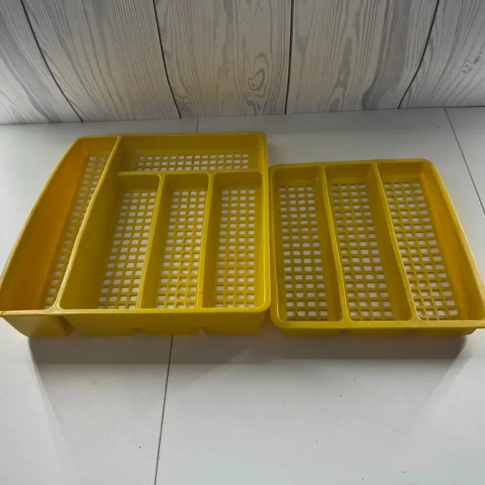 Vintage Deka Plastics No. 195 & 197 2 Piece Stacking Cutlery Utensil Tray Yellow
